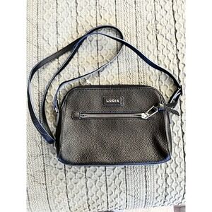 Lodis Black Pebbled Leather Crossbody Bag Floral Lining Adjustable Strap Dome